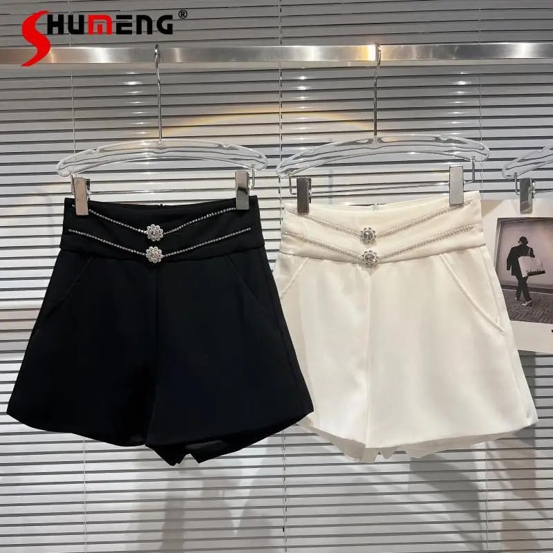

Rhinestone Chain Flower Waist Diamond White Suit Shorts Women Temperament Leisure Black Shorts 2022 Summer Short Pants Hot Pants