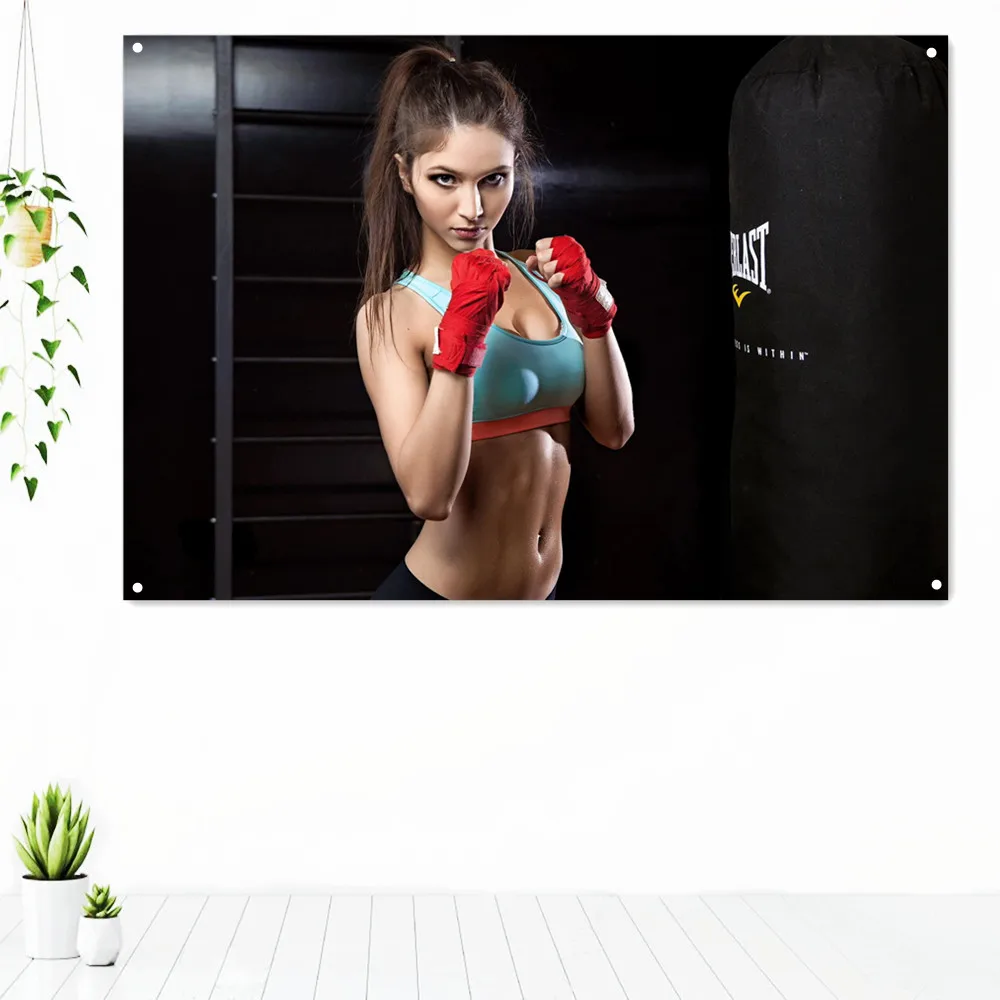 

Female Boxer Physical Exercise Decorative Banner Flag Boxing Muay Thai Kickboxing Training Poster Hanging Painting Gym Decor