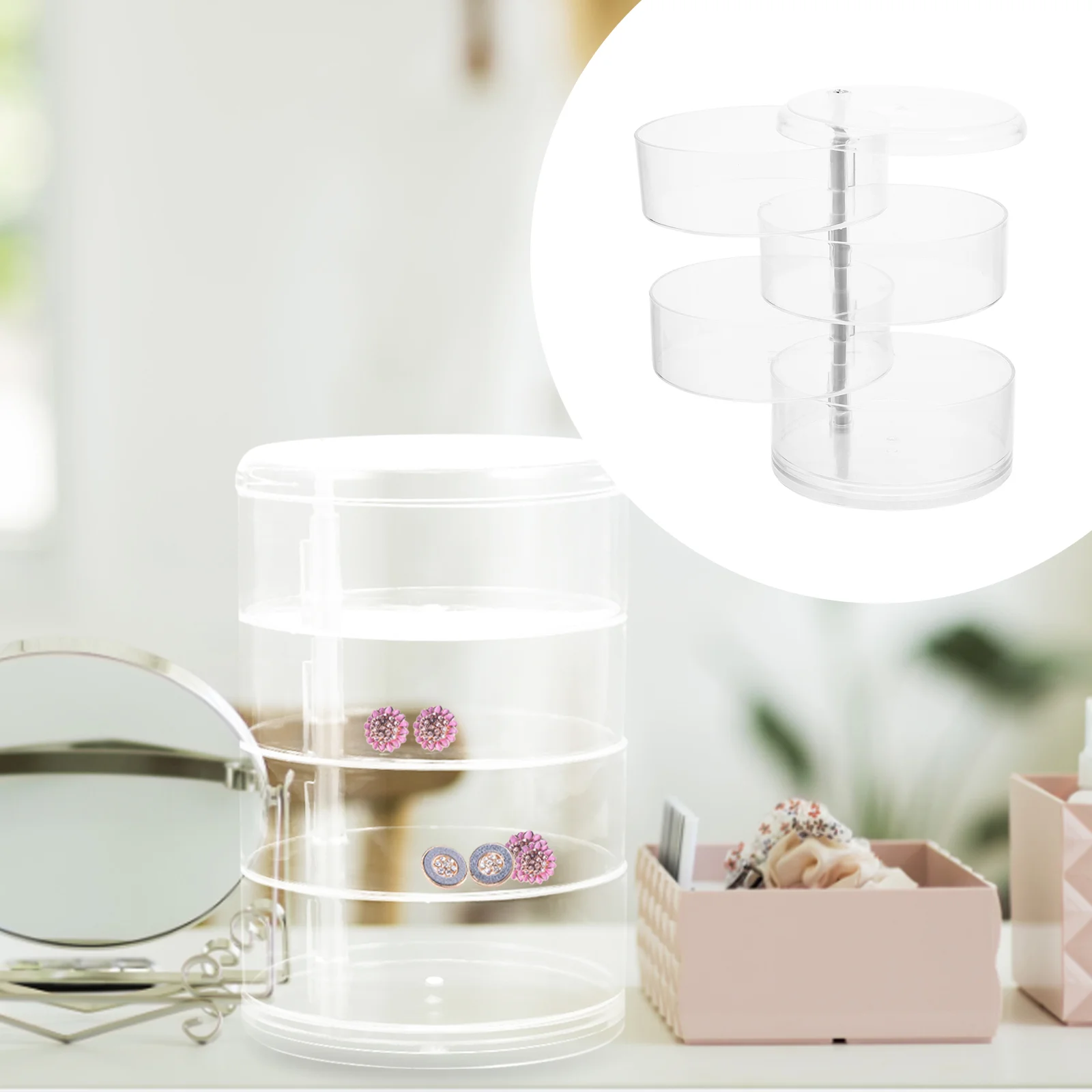 

Jewelry Organizer Box Storage Stand Holder Rotating Display Multi Layer Case Earring Rack Trinket Desk Ring Desktop Clear Small
