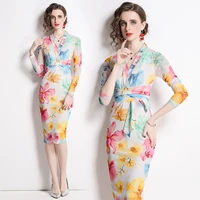 2022 summer new womens vintage print dress v neck lace up fashion elegant temperament medium long slim wrap hip skirt