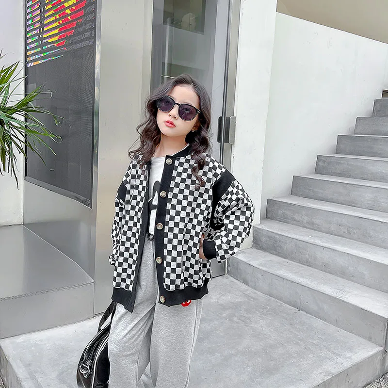 

Girls Checkered Plaid Coat 8 10 years Fashion Knitted Buttons Jackets 2022 Spring Fall Teenage Girls Coat