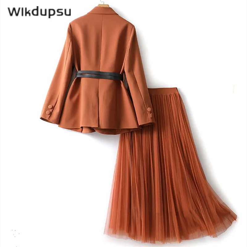 Skirt Suit Women's Spring Autumn 2023 New Two Piece Set High Waist Pleated Tutu Skirt & Fashion Korean Blazer With Belt Clothes