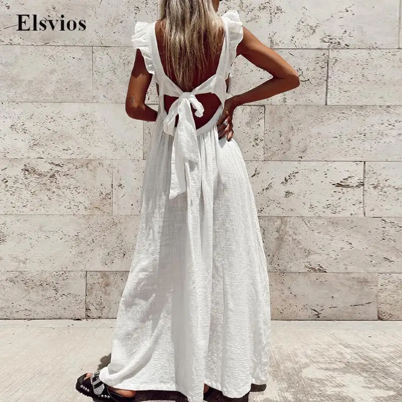 

Женское ажурное платье с бантом, Элегантное повседневное длинное платье из хлопка и льна с квадратным вырезом и свободной талией, Пляжное Платье в стиле бохо