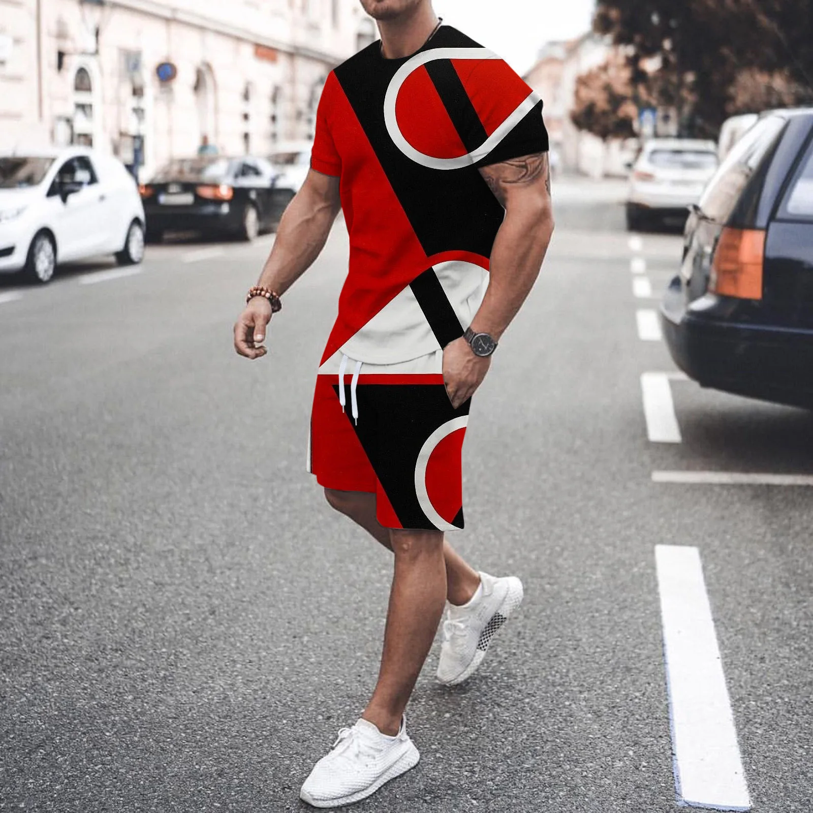 

2022 Summer New Men's T-shirt Set Splice Popular Elements Fashion Sports Short Sleeve Shorts 2 Piece Fitness Sportswear
