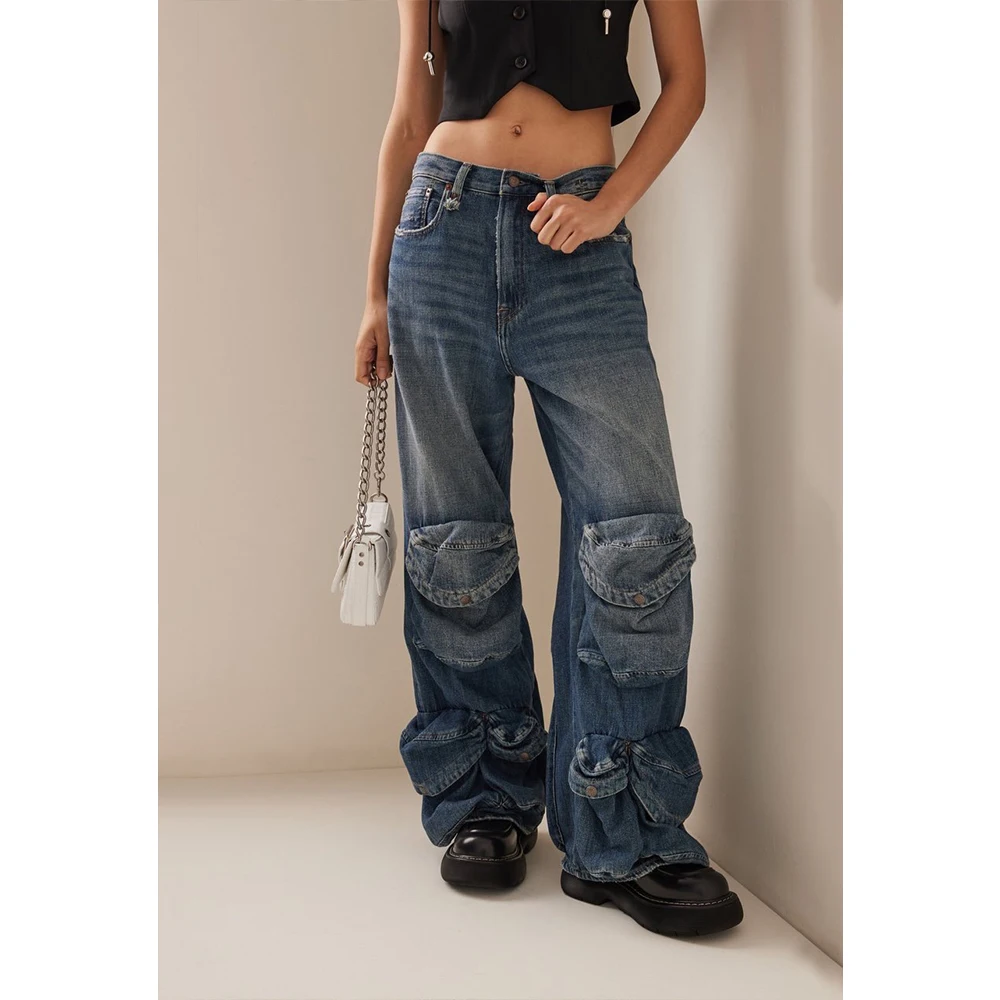 23SS Spring Summer Y2K Spice Girls Street Trendy Casual Fashion Heavy Duty Multi Pocket Denim Wide Leg Denim Floor Length Pants