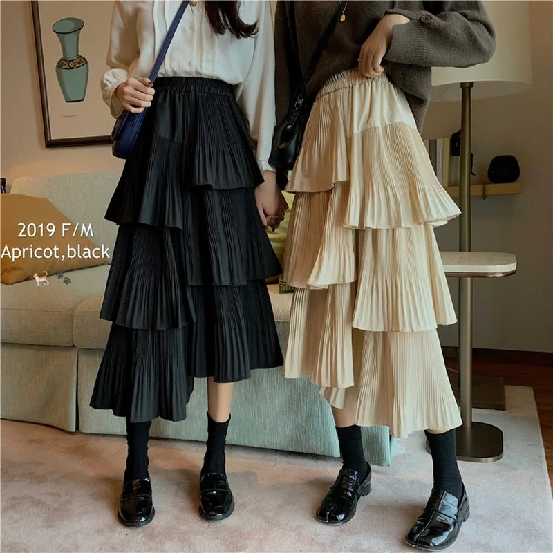 

High Waist Black Irregular Cake Skirt Women Retro Casual Multi-layer Pleated Ruffles Korean Fashion Clothing Faldas Mujer Street