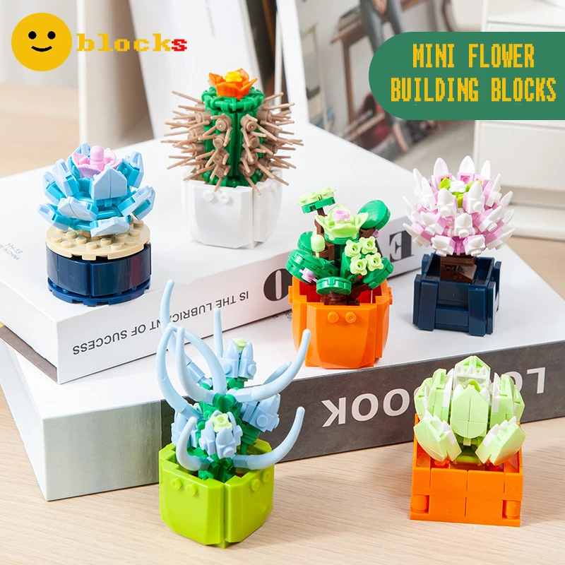 

Mini Flower Building Blocks Home Desktop Succulent Potted Ornaments Diy Small Particles Puzzle Assembled Children's Toy Gift