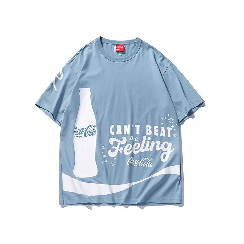 Coca-Cola Summer 2022 Fashion Trend Fog Blue Short-sleeved Simple and Comfortable Cotton Loose Student Five-point Sleeve T-shirt
