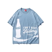 coca cola summer 2022 fashion trend fog blue short sleeved simple and comfortable cotton loose student five point sleeve t shirt