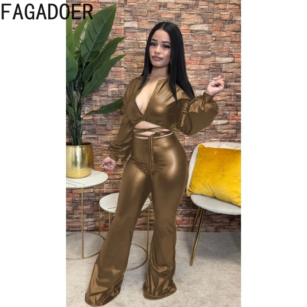 Модные облегающие брюки из искусственной кожи FAGADOER комплект двух предметов