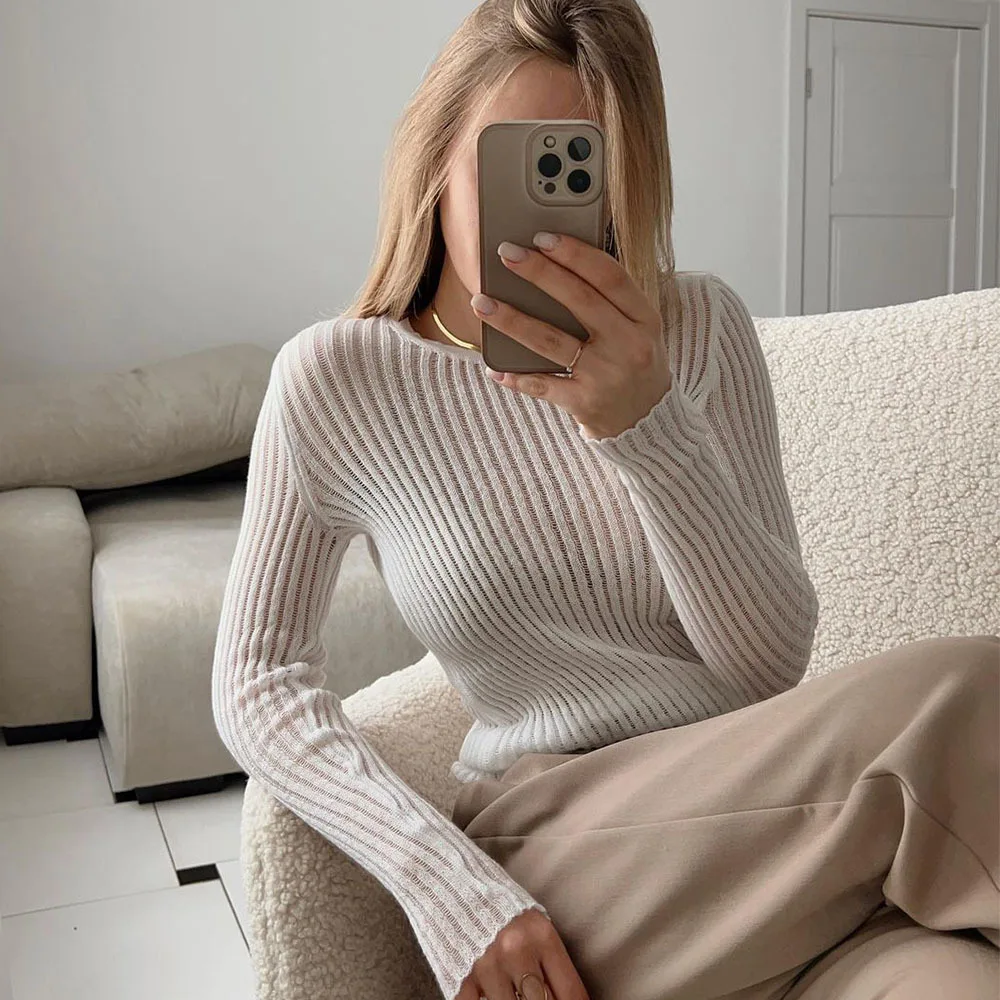 Hollow Knitted Sweater 2023 Spring and Summer Sexy Slim Wool Round Neck Long-sleeved Thin Knit Sweater