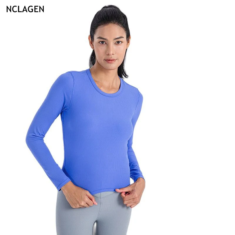 

NCLAGEN, рубашки для йоги, высокая эластичность, Спортивная футболка с длинным рукавом, тонкая, с круглым вырезом, одежда, нижний топ, для спортзала, дышащая для женщин