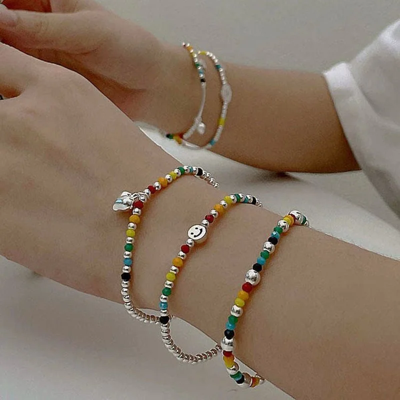 

2022 Korea Fashion Rainbow Bear Silver Beaded Bracelet Personality Sweet Party Birthday Gift Fashion Jewelry for Women Wholesale