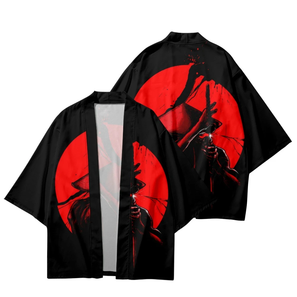 

Streetwear Men Cardigan Haori Black Clothes Japanese Style Samurai Swordsman Print Kimono 2022 Summer Shirts Tops