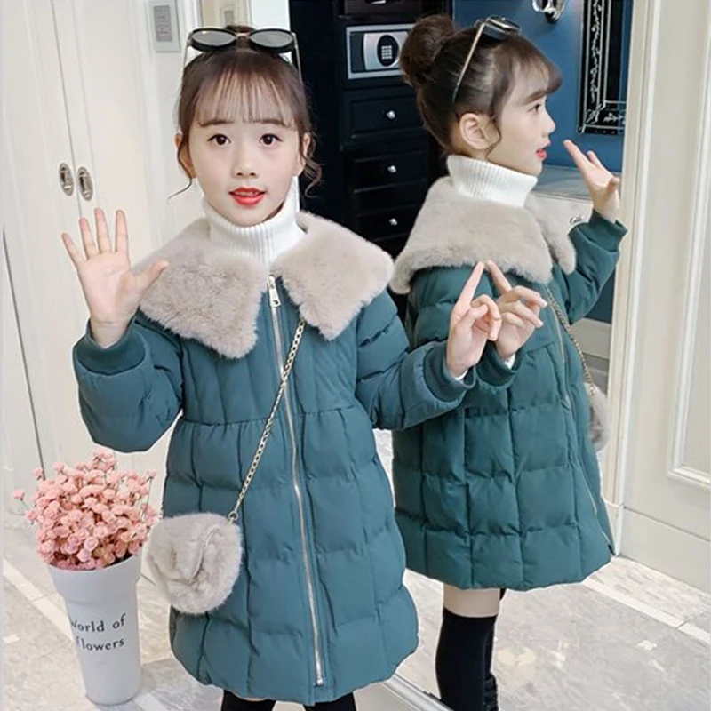 

Girls Warm Outerwear Plush Lapel Down Jackets Winter Thicken Long Parkas Kids Clothing Plus Velvet Windproof Girls Coats 5-12Y