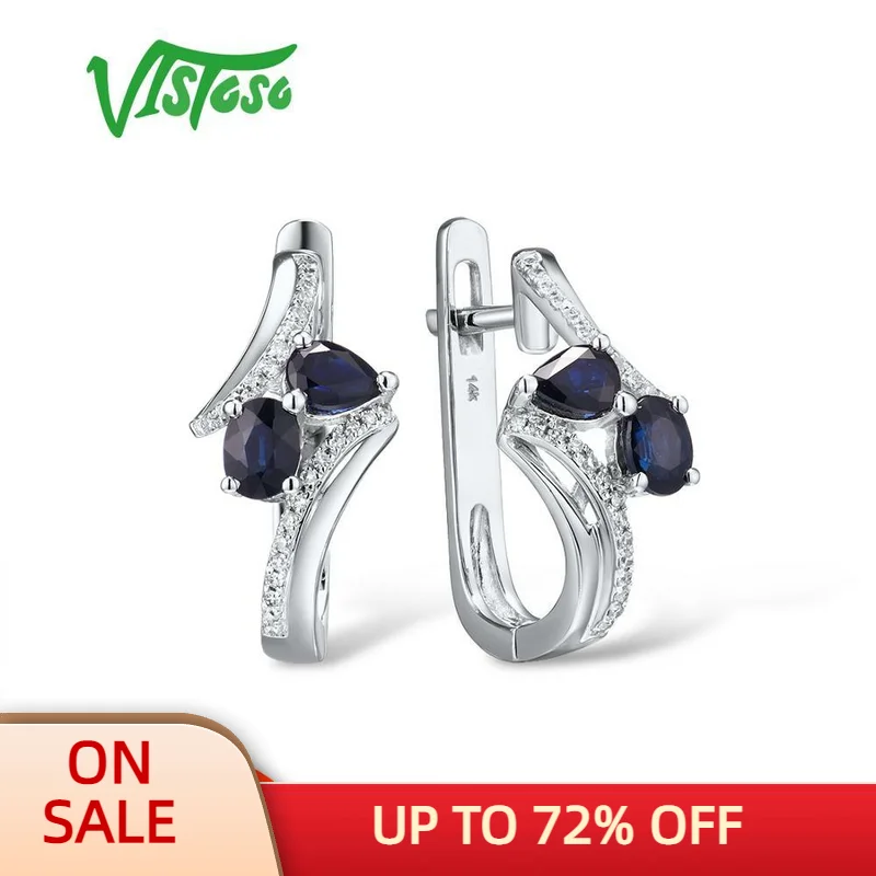 

VISTOSO Pure 14K 585 White Gold Blue Sapphire Shiny Diamond Earrings For Women Anniversary Wedding Elegant Fine Jewelry
