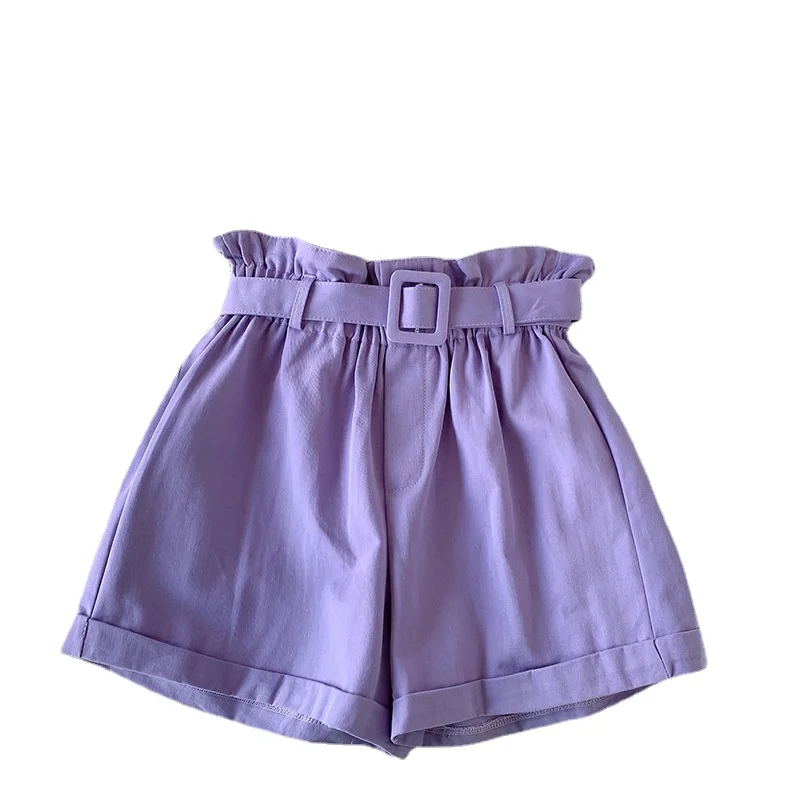 Solid High Waisted Casual Shorts Women Summer A-line Sweet Short Pants Female Fashion Belt Simple All-match Lady Bottoms