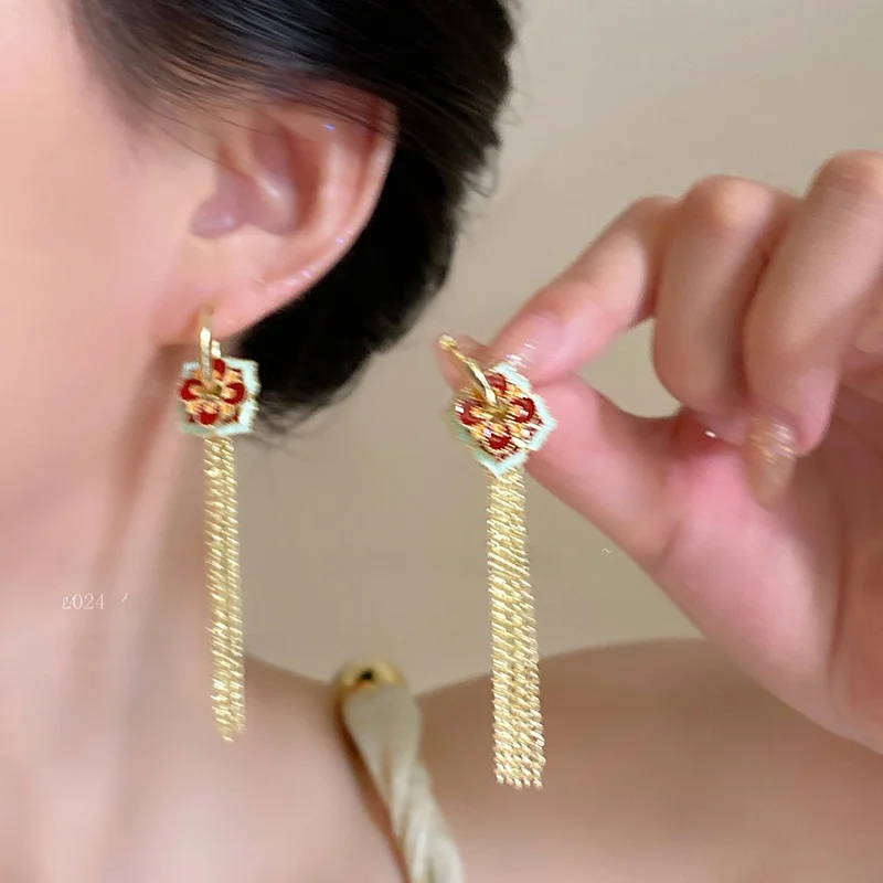 New Chinese Enamel Green Tassel Ear Buckle Women Retro Design Sense Internet Celebri Earrings Light Luxury High Make ...