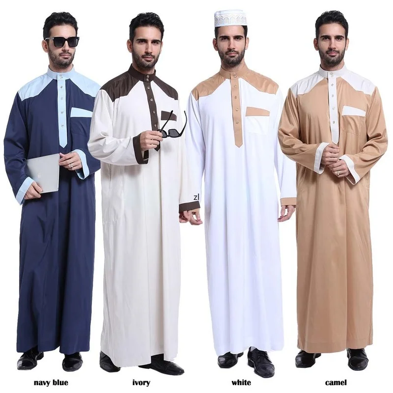 Men's Robe Ramadan Muslim Arabian Middle East Contrast Color Long Sleeve Spring Summer 2022 Kaftan Moroccan Saudi Vestidos