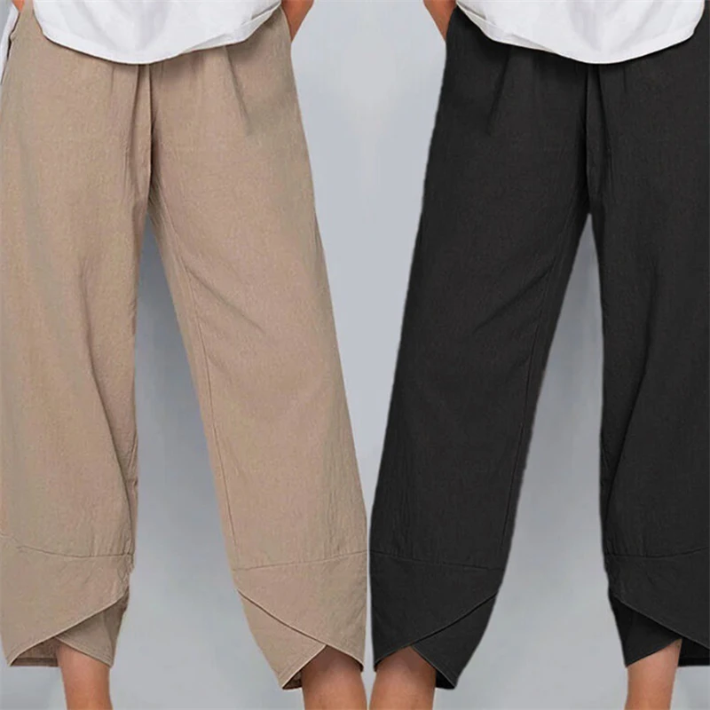 

Брюки-султанки Женские однотонные с эластичным поясом, винтажные повседневные хлопково-льняные штаны с широкими штанинами, свободные летние
