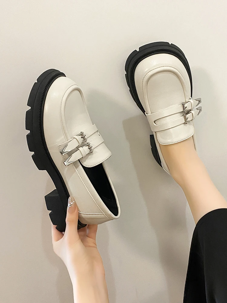 

Casual Woman Shoe Modis Round Toe Soft Clogs Platform Loafers With Fur Oxfords Slip-on Autumn Black Flats 2023 Creepers Leather