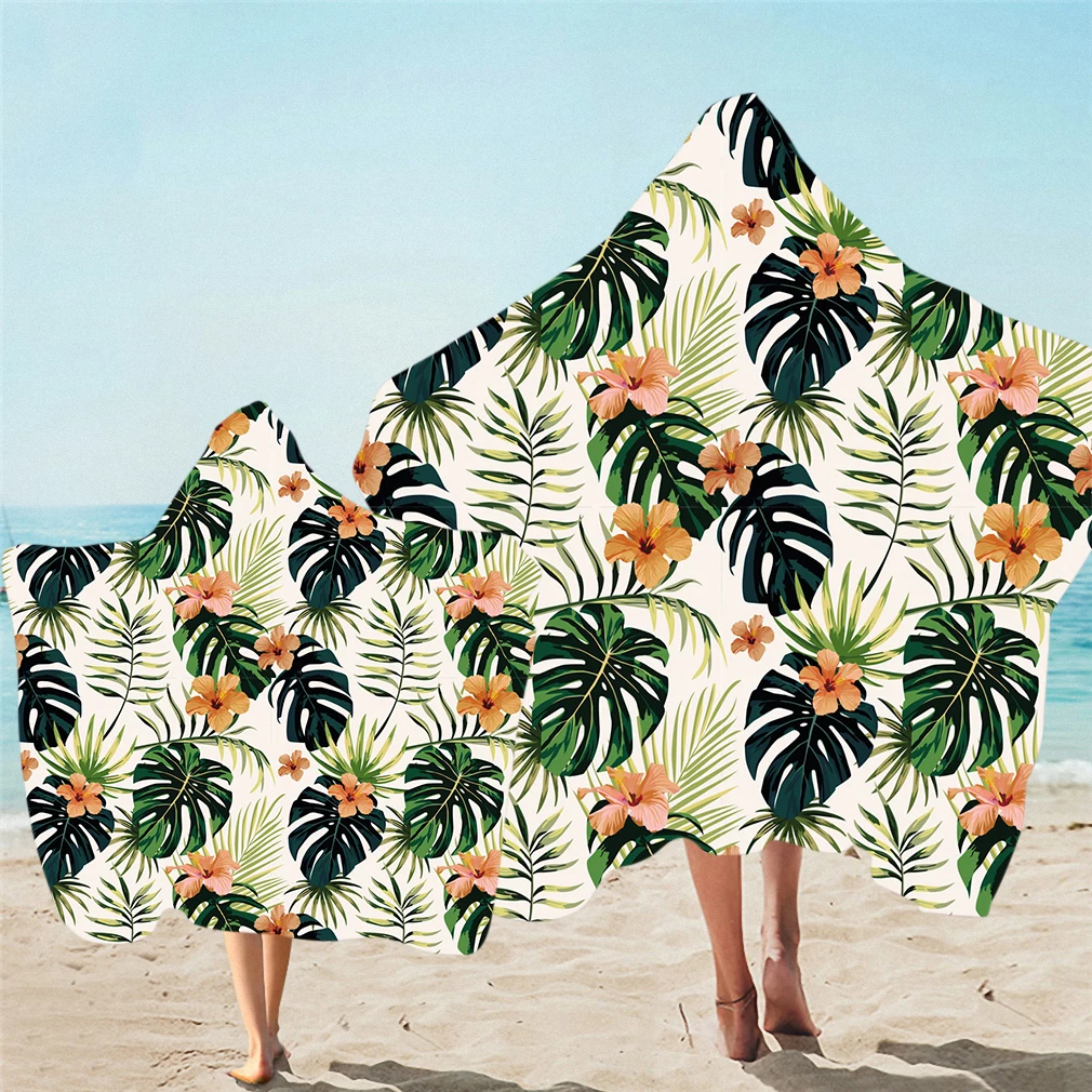 

Free shipping Tropical Flower Monstera Leaves Parrot Bird Adult Kids Family Hooded Beach Towel Surfing Pool Swim Holiday Gift