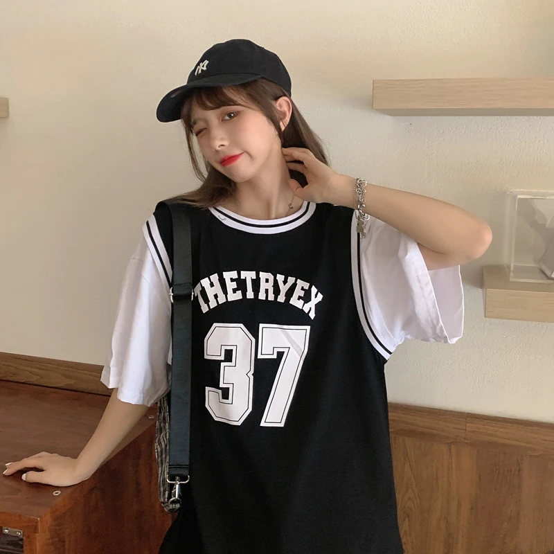 

Basketball Shirt Women's BF Style Long Short Sleeve Cotton T-shirt Fake Two Pieces Streetwear Women Fashion Top Loose