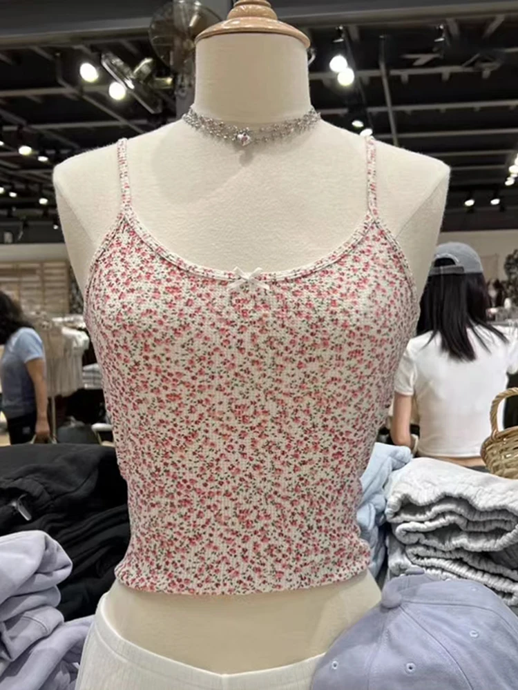 Chic Floral Print Lace Crop Top Women Casual Summer Cotton Sleeveless Sweet Camis Blouses Female Vintage Cute Slim Tank Tops images - 6