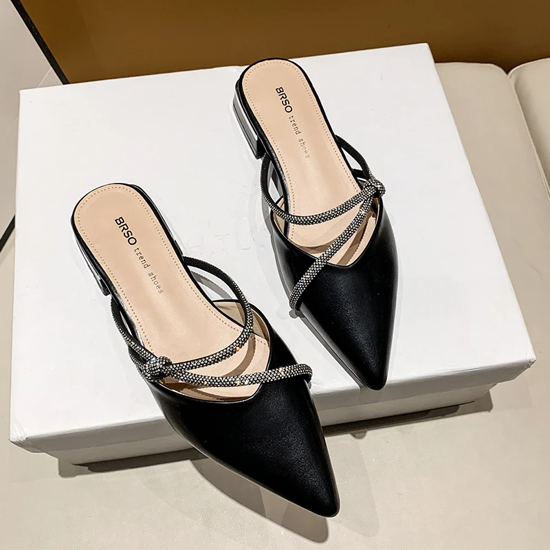 

2022 Women's New Summer Mules Slippers Sandals Female Fashion Rhinestones Pointed Square Heel Outside Slippers Zapatillas Mujer