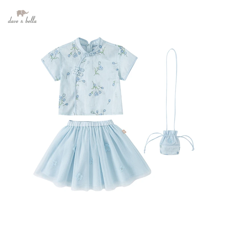 DB2221768 dave bella summer baby girls cute floral print clothing sets kids fashion sets children with a small bag 3 pcs suit