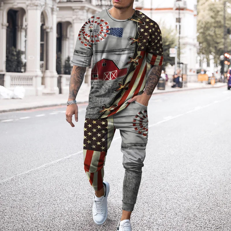 

Summer Men's Tracksuit American Style T-Shirt+Trousers Set 2 Piece Casual Stylish Suit Streetwear Daily Outfit Male Clothin