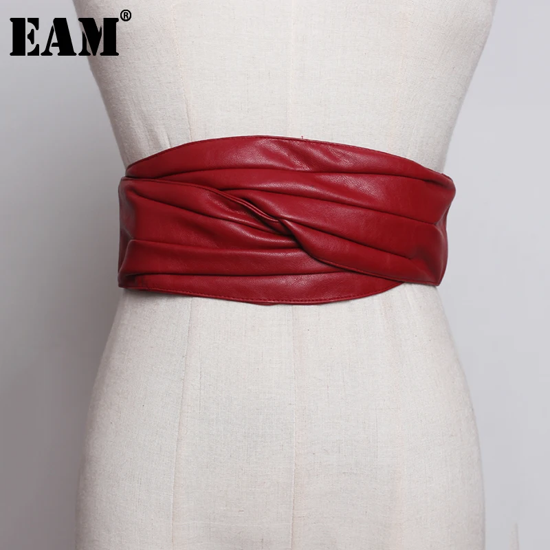 

[EAM] Pu Leather Black Red Pleated Spliced Long Wide Belt Personality Women New Fashion Tide All-match Spring 2023 1U224