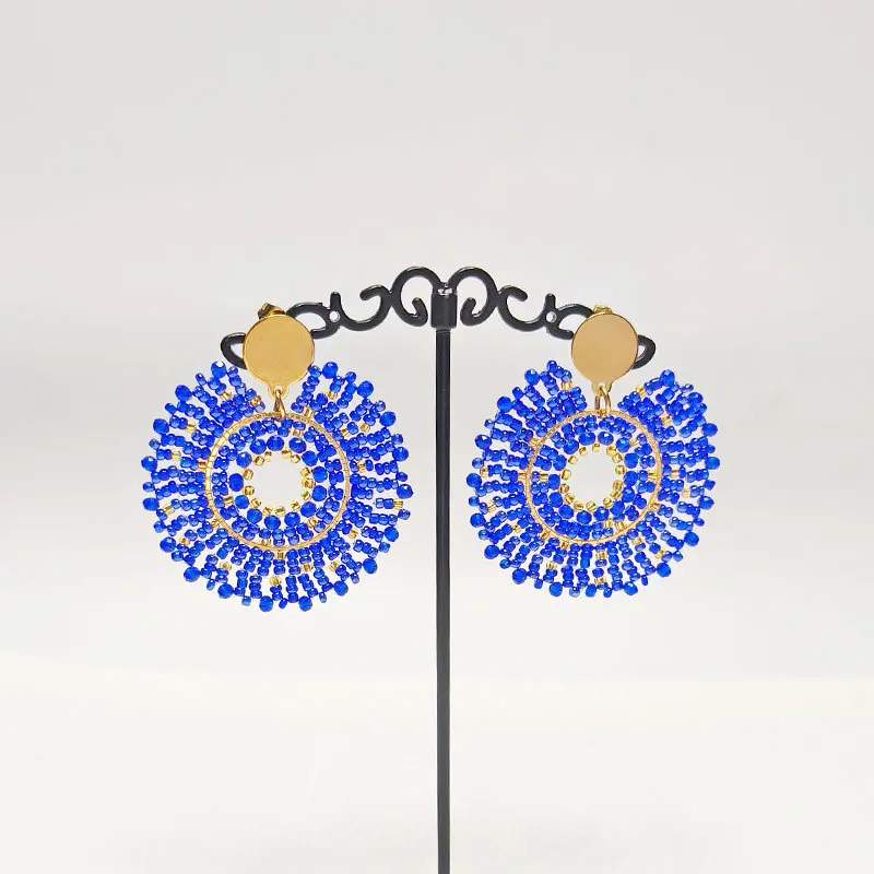 Серьги в богемном стиле ручной вязки Королевского синего цвета с Оригинальными