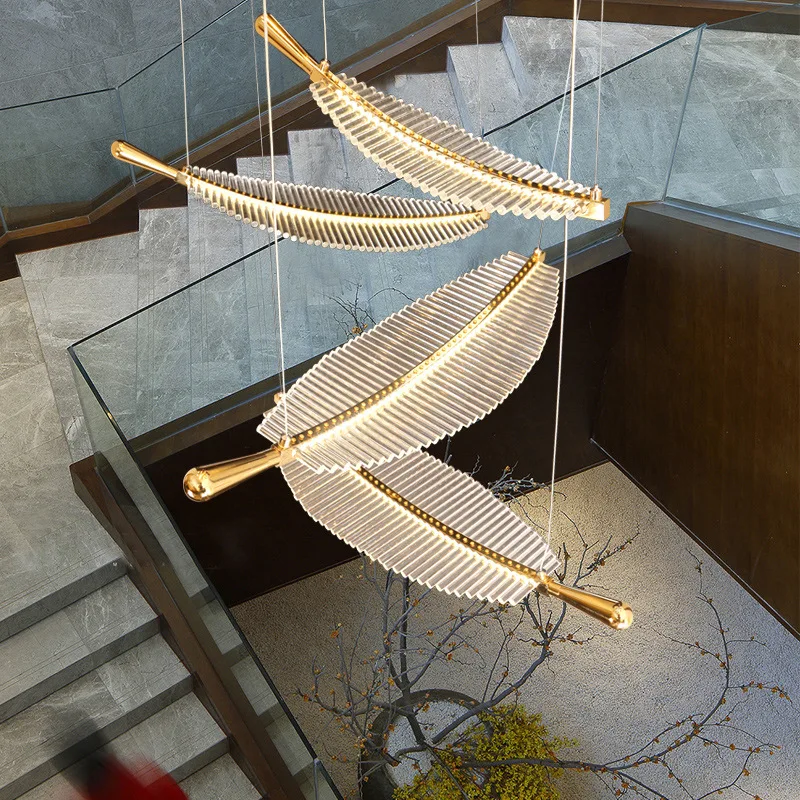 

Creative Art Rotary Staircase Chandelier Living Room Dining Room Lighting Luxury Crystal Leaf Feather LED Chandelier