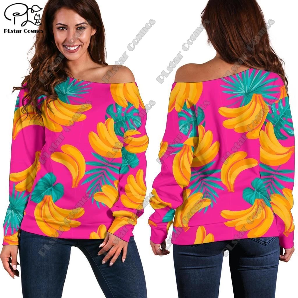 

Футболка женская летняя повседневная с принтом фруктов и открытыми плечами