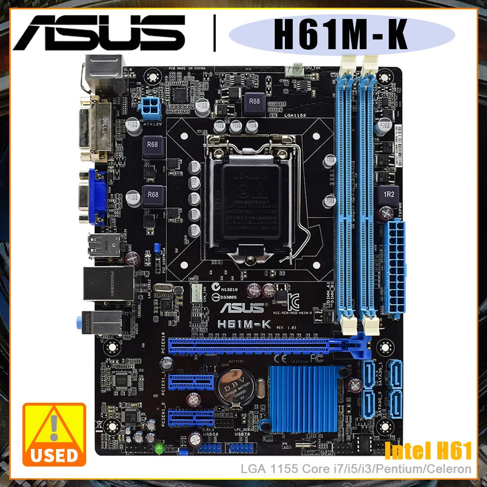 

ASUS Motherboard H61M-K, with Intel H61 Chipset, LGA 1155 CPU Socket, DDR3 16GB, PCI-E 3.0 SATA II For Core i7/i5/i3