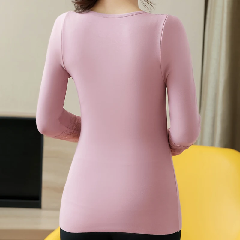 Velvet Long-sleeved Women Clothes Tight-fitting Thermal Woman Underwear Plus Velvet Thick V-neck Lace Bottoming Shirt Warm