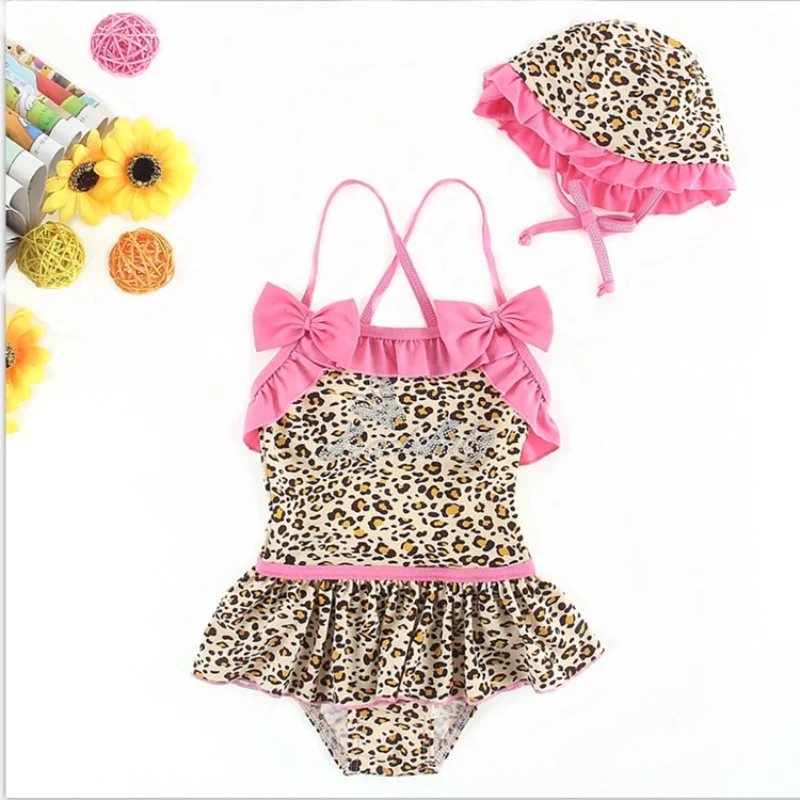 

2023 New Summer Children's Swimsuit Girl Beachwear Girls Bikini Two-piece Swimsuit Infant Girls Leopard Pattern Bikini with Cap