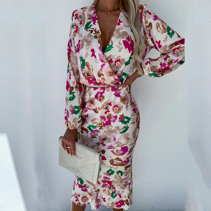 

Женское облегающее офисное платье, длинное Привлекательное платье в стиле бохо с высокой талией, длинным рукавом и V-образным вырезом, весна...