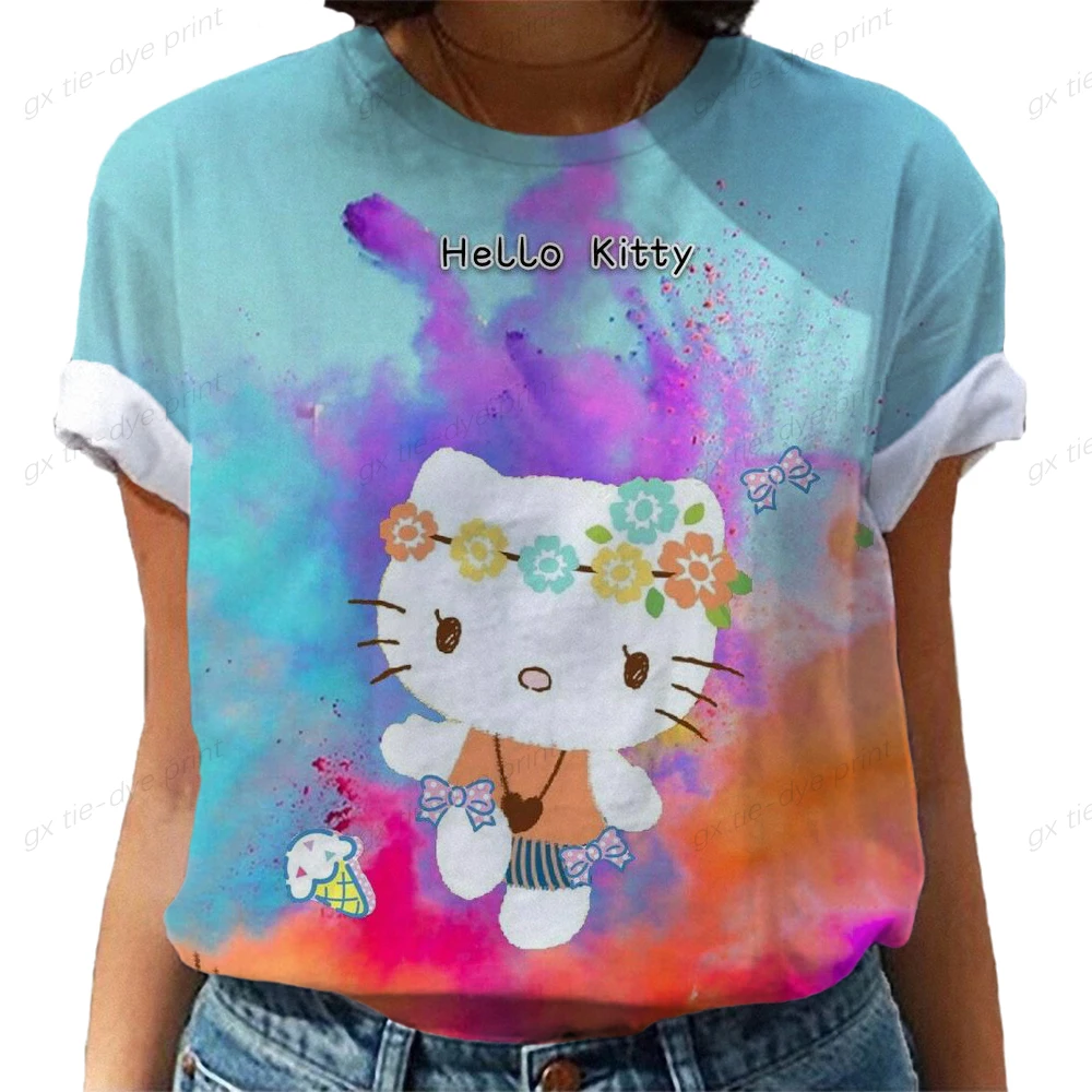 

Футболка с графическим принтом Hello Kitty, модная одежда, летняя футболка, женская одежда с мультяшным принтом, женская футболка с коротким рука...