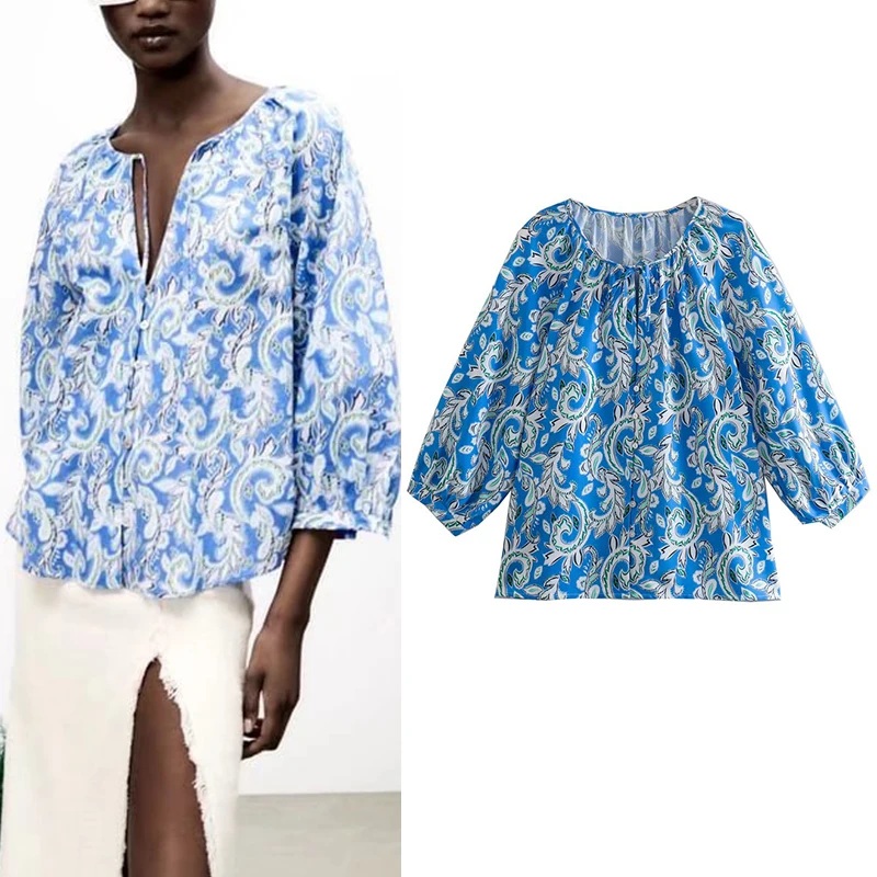 

Женская рубашка с принтом, Повседневная Свободная однобортная рубашка с длинным рукавом и круглым вырезом, со шнуровкой, шикарный топ, OZZ1559, ...