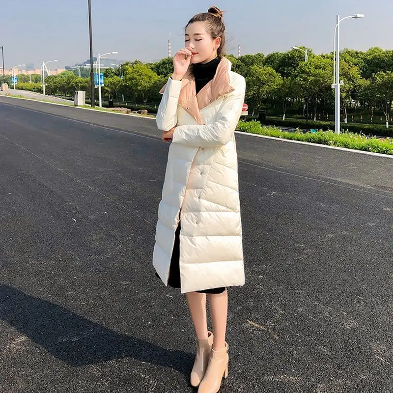 2023 Women Winter Fashion Double-sided Wear Down Coats Female White Duck Down Jackets Ladies Long Solid Color Outerwear E420