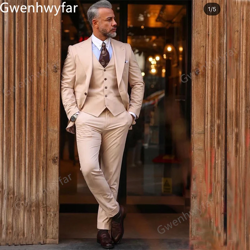 

Осень 2022 бежевые Свадебные смокинги для жениха Gwenhwyfar из 3 предметов пиковые лацканы однобортные мужские деловые костюмы пальто + брюки + жилет