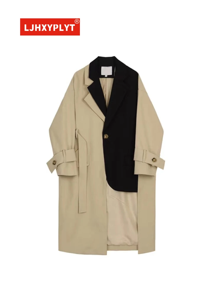 

One-button Contrast Color Trench Suit Jacket Womens Spring Autumn New Retro Simple Style Irregular Mid-length Blazer Coat Female