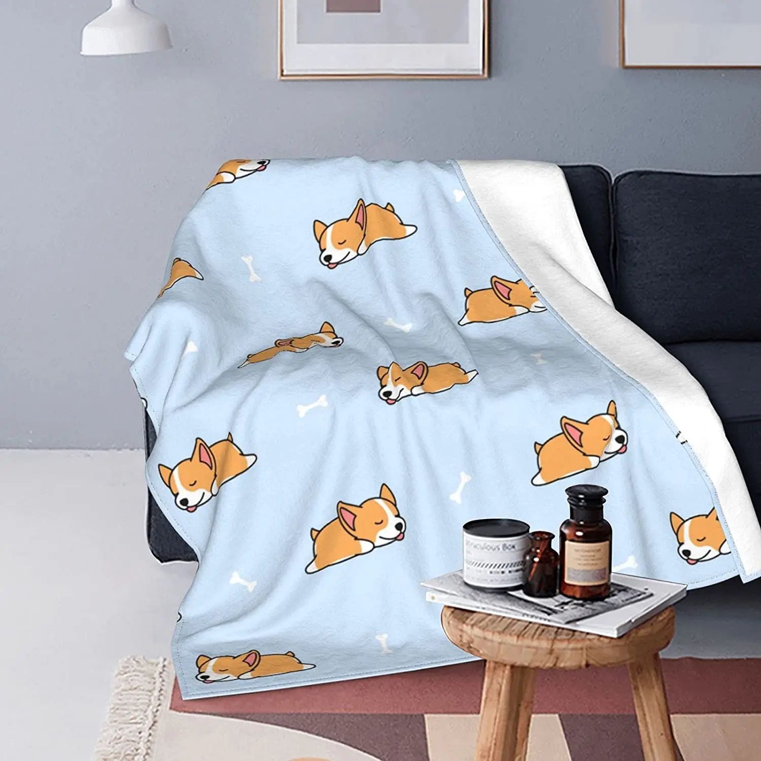 

FeHuew Cartoon Cute Sleep Corgi Cute Blue Soft Throw Blanket 40x50 inch Lightweight Warm Flannel Fleece Blanket for Couch