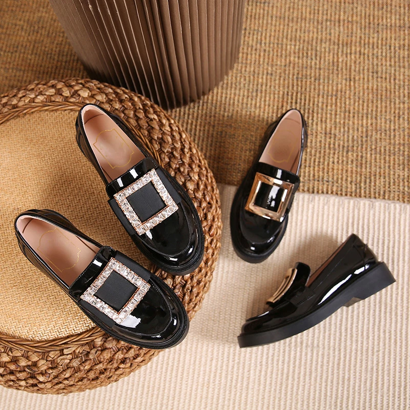 Square Buckle Single Shoes Women's Autumn New Rhinestone Thick-soled Loafer Shoes British Style College Small Leather Shoes