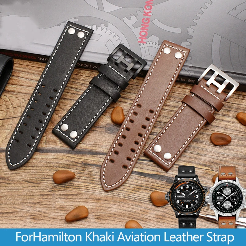 

20mm 22mm Genuine Leather Watchband with Rivets for Hamilton Khaki Aviation Field Series Men's Watch Band Bracelte Strap Brown