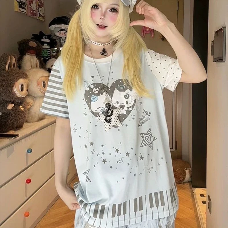 Фото Женская футболка в стиле Harajuku Y2K с мультяшным принтом, милая повседневная футболка, винтажный свободный топ, уличная одежда, полосатая футболка в стиле пэчворк, гранж-футболка №4