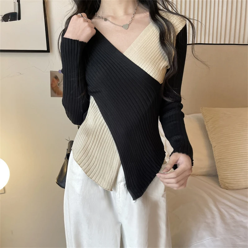 

2022 Autumn Winter New Slim Irregular Design Knitted Tops V-neck Long Sleeve Casual T-shirt Korean Style Fashion Tops for Female