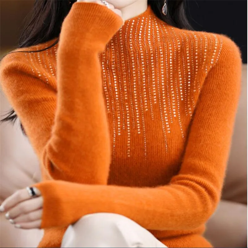 

Seamless Ready-To-Wear Pure Wool Sweater Women's Semi-Turtleneck Pullover Long Sleeve Fall/Winter 2023 Diamond Encrusted Stretch